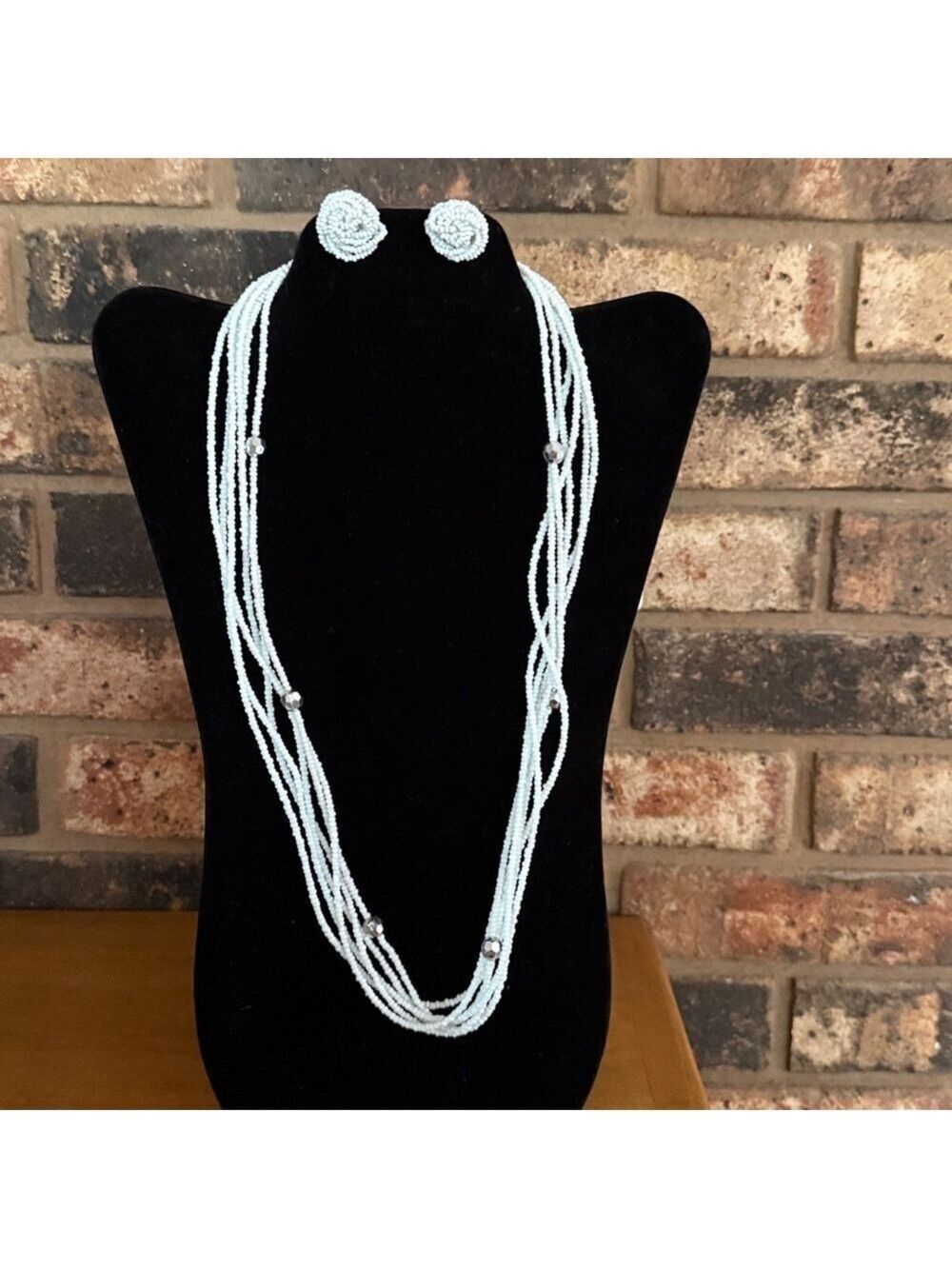Vintage 6 Strand white seed bead necklace silvertone accent beads & earrings set